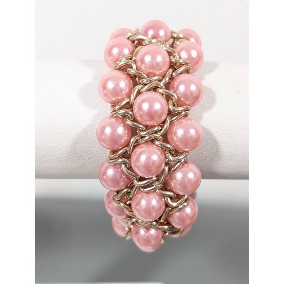 Pink Faux Pearl Woven Chain Bracelet Retro Evening Elegant 7" - Picture 1 of 7
